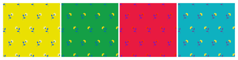 Set of bright multicolored minimalist repeat botanical patterns. Horizontal rows of flowers with stems and leaves. Symmetrical geometric seamless patterns. Vector illustration.