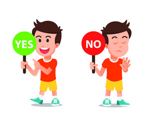 Cute boy holding yes and no sign