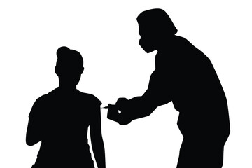 Doctor in PPE suit with vaccine injection needle silhouette on white background, people medical and healthy concept.