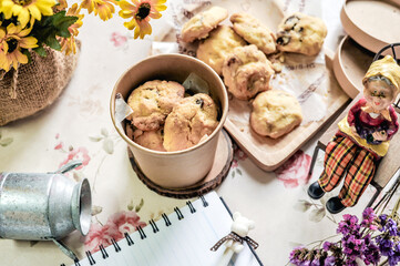 Top view of homemade butter cookies in a box