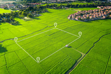 Land plot in aerial view. Gps registration survey of property, real estate for map with location, area. Concept for residential construction, development. Also home or house for sale, buy, investment. © DifferR