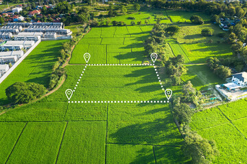 Fototapeta premium Land plot in aerial view. Gps registration survey of property, real estate for map with location, area. Concept for residential construction, development. Also home or house for sale, buy, investment.