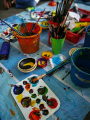 Art of Painting. Painting set brushes, paints, watercolor, acrylic paint on a canvas.