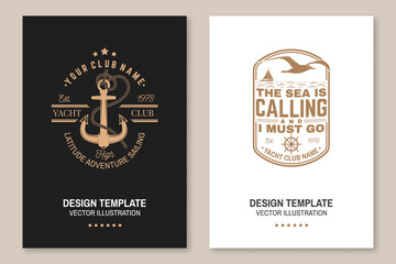 Set of summer sailing camp template. Vector illustration Flyer, brochure, banner, poster design with man in sailboats and sea anchors silhouette. Ocean adventure sporting activity