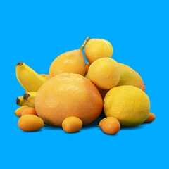 Composition of various yellow fruits (sweet granadilla, passion fruit, bananas, kumquat, lemon, grapefruit, orange, mango and plum) casting black shadow on vivid blue background with copy space