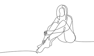 Trendy Line Art Woman Body Sitting. Minimalistic Black Lines Drawing. Female Figure Continuous One Line Abstract Drawing. Modern Scandinavian Design. Vector Illustration.