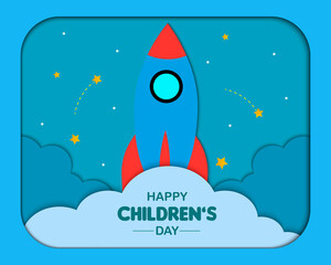 Happy Childrens Day Papercut With Rocket Cloud 