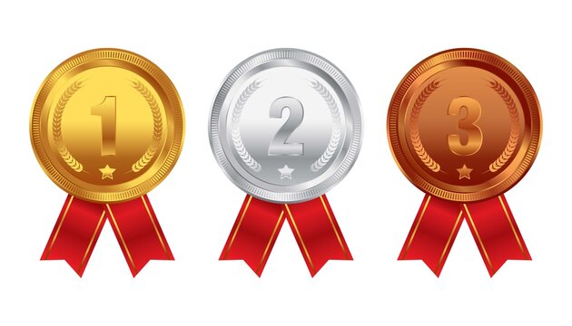 Illustration of gold, silver and bronze award medals with red ribbon