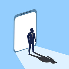 Business concept illustration of a businessman standing comes out from smart phones' screen very confident. Ready to start a business or solving a problem