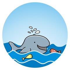 Sea life,  whale and fishes, funny vector illustration, circle frame,