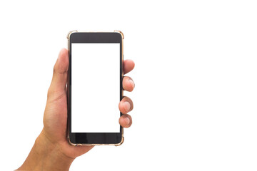 Men hand holding Black color mobile phone with white screen on white background.