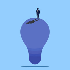 Business vision, creativity, and new ideas vector illustration concept. A man standing on a light bulb thinking about an idea for solving a problem. Symbol of brainstorming, future, planning.