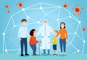 Doctors protect citizens from virus vector illustration.
People and Doctor wearing Face Mask Fight Against Covid-19, Coronavirus Disease, Health Care and Safety

