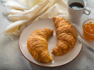 Morning Breakfast French Style Croissants Black Coffee Jam Light Background