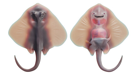 3d rendering anatomy front and back face of a cute baby stingray, isolated on white background.