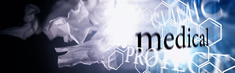 Personal protective equipment. Disposable medical mask. Gauze bandage for respiratory protection. Medical accessories.