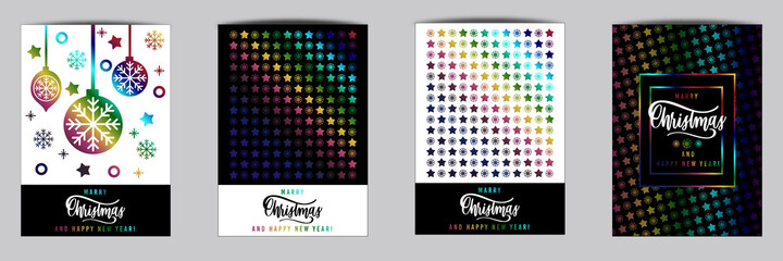 Happy New Year 2022 Greeting Card with Rainbow Metallic Decor, black and white background. Vector Illustration. Merry Christmas Flyer or Poster Design