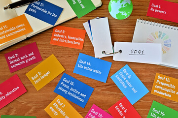 There is a table with a card with the SDG goals and a ball of earth, a small sketchbook with the SDG symbols and a word book with the letters of the SDGs.
