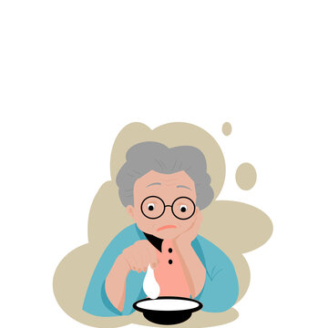 Cartoon old woman, grandmother wearing glasses has anorexia is Sitting with right hand on her chin Left hand holding a spoon In front there is a food cup.Vector isolate flat design concept for healthy