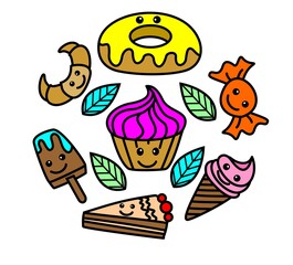 kawaii delicious food doodle vector 