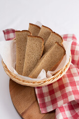 Sliced bread in a basket on a white background