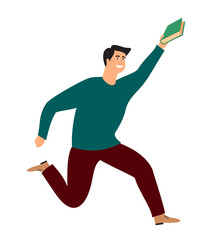 Happy student is jumping on a white background. Cheerful young man with book. The guy passed the exam. Vector illustration in a flat style