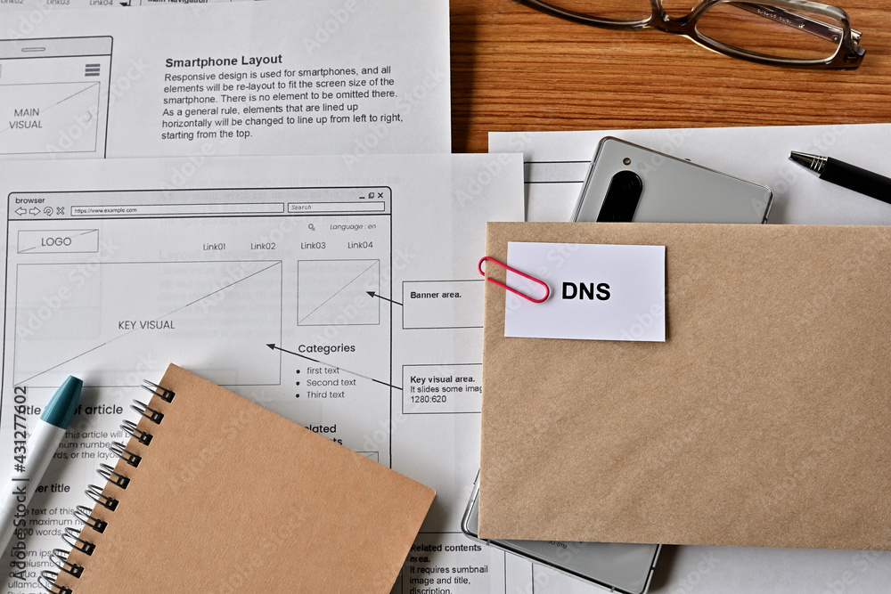 Poster there is card with the word dns on it with dummy paper of design of web systems.
