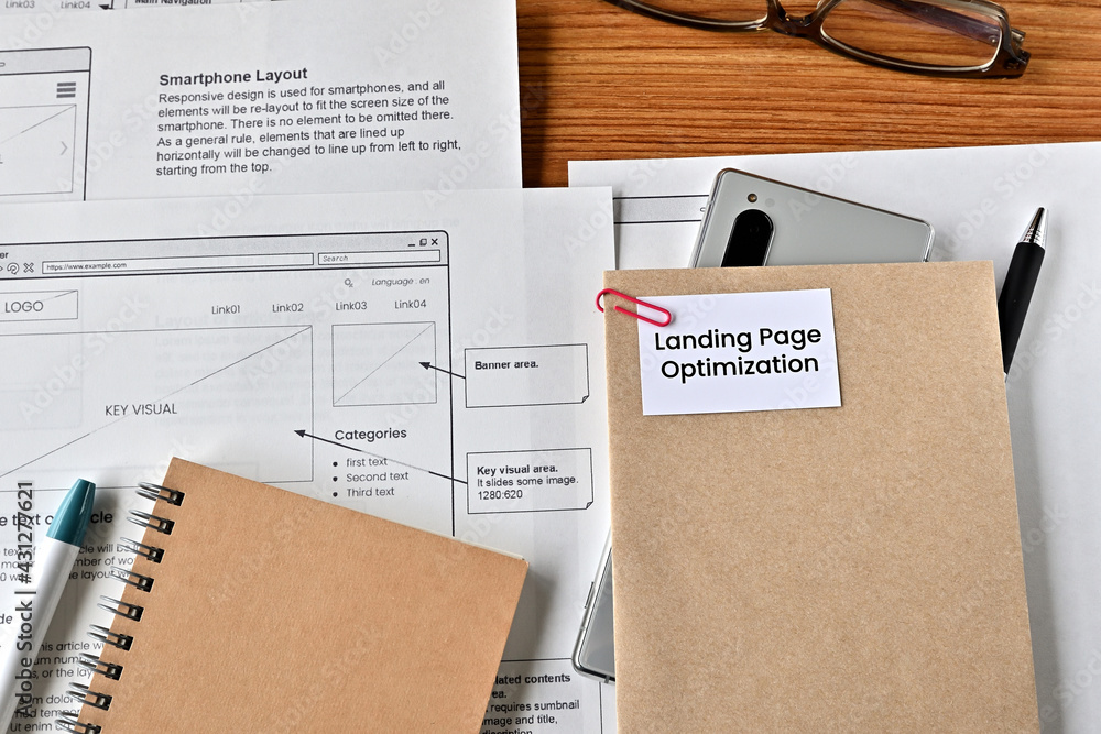 Poster there is card with the word landing page optimization on it with dummy paper of design of web system