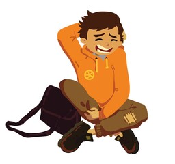 tBoy schoolboy teenager sits on the floor and is embarrassed. The child is dressed in sportswear, with a school bag next to him. Vector stock illustration in cartoon style.