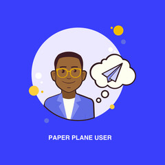 Paper plane user with boy wearing spectacles wearing blue coat flat concept design