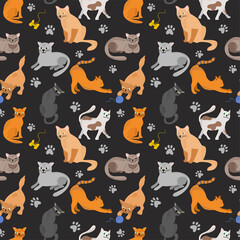 Seamless pattern with cute colorful Kittens. Creative black seamless background. Great for fabric, textile Vector Illustration