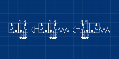 Vector illustration symbol directional pneumatic control valves sets 5-3 way 