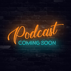 Podcast coming soon text with neon lights effect. Podcast Coming soon neon sign for Podcasters to grow social media page © Ramzan Bashir