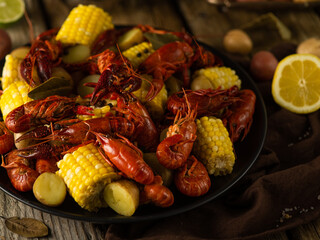 Crayfish Potatoes Corn Delicious Dish Wooden Table Rustic Crawfish Recipes Seafood