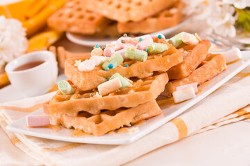 Waffles with colourful marshmallow.