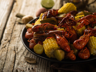 Rustic dish. Potato corn and crayfish. On a wooden table.Illustration for a recipe. Recipes and menus
