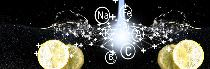 Fototapeta premium Water drops on ripe sweet lemon. Fresh lime background with copy space for your text. Vegan concept.