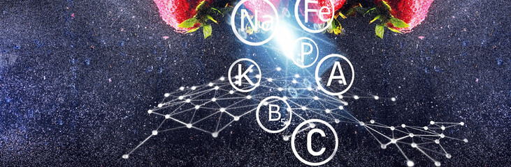 Water drops on ripe sweet strawberry. Fresh berry background with copy space for your text. Vegan food concept.