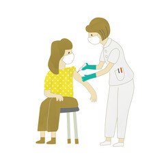 看護師にワクチン接種・予防接種をうける若い女性