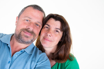 selfie portrait of charming couple of middle aged cheerful positive love isolated on white background