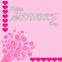 Happy Mothers Day illustration on pink background with love and flowers icons.