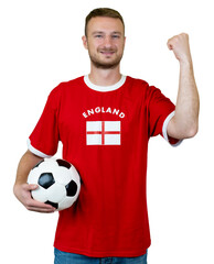 Cheering football fan from England with ball