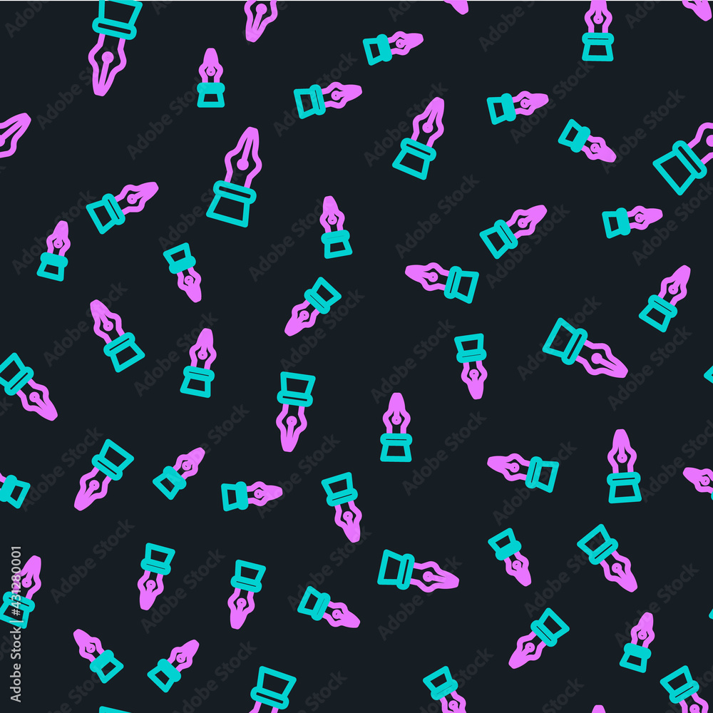 Poster line fountain pen nib icon isolated seamless pattern on black background. pen tool sign. vector illu