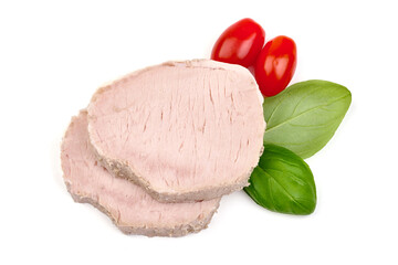 Boiled pork slices, isolated on white background. High resolution image