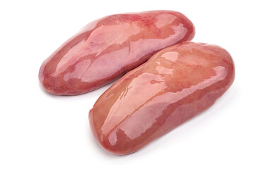 Raw pork kidneys, offals, isolated on white background. High resolution image