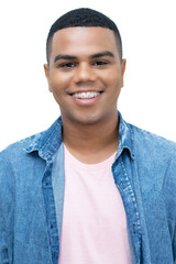 Passport photo of laughing brazilian young adult man with braces