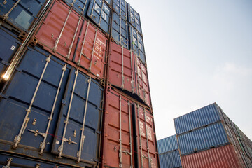 Transportation Logistics of international container cargo shipping and cargo plane in container yard, Freight transportation, International global shipping. Stacks of Freight containers.