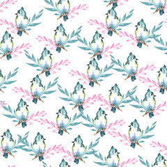 Watercolor spring seamless pattern with cute little rabbits, birds, branches and leaves. Texture for fabric, wrapping paper, postcards.