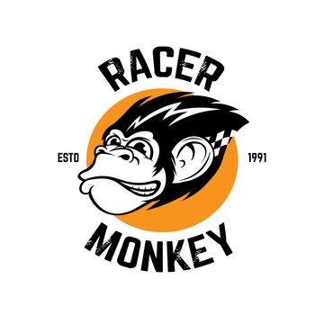 Racer Monkey face vector illustration logo in classic style, perfect for t shirt design and racing club mascot logo