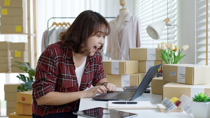 Young attractive beautiful female entrepreneur fund borrower crazy joyful ecstatic smile face feeling amazed in peer to peer P2P lending finance or crowdfunding marketing network microfinance approve